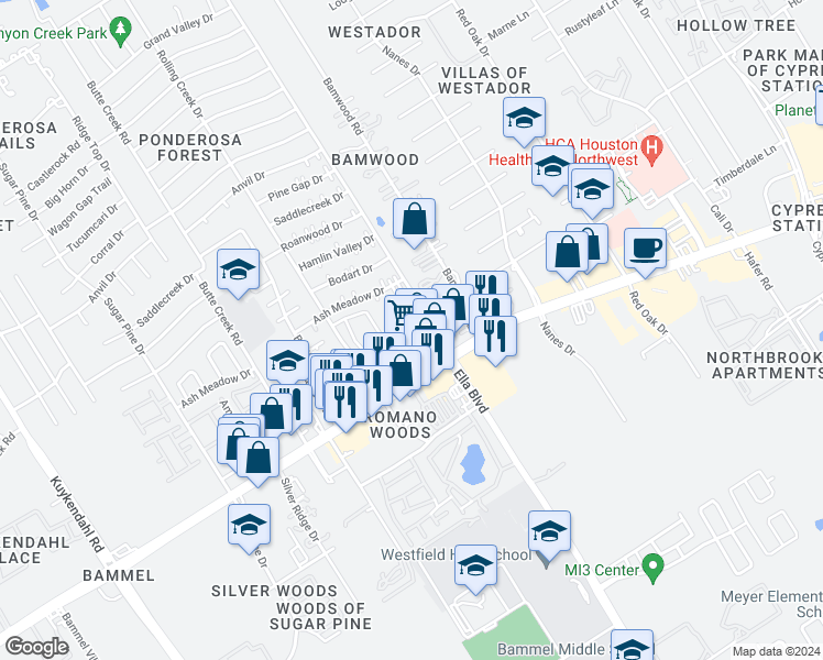 map of restaurants, bars, coffee shops, grocery stores, and more near 1416 Farm to Market 1960 in Houston
