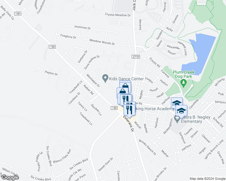 map of restaurants, bars, coffee shops, grocery stores, and more near 300 Rocking M Road in Kyle
