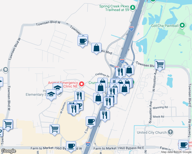 map of restaurants, bars, coffee shops, grocery stores, and more near 10203 Elmbend Court in Humble