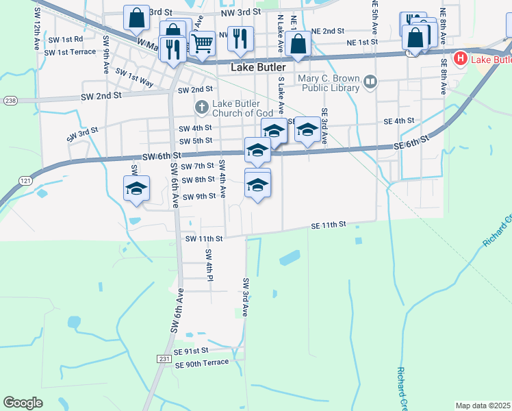 map of restaurants, bars, coffee shops, grocery stores, and more near 1000 South Lake Avenue in Lake Butler
