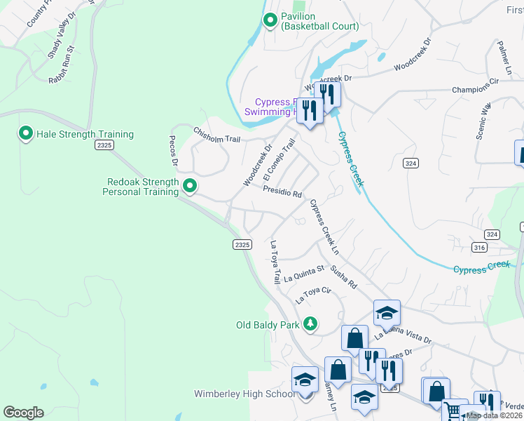 map of restaurants, bars, coffee shops, grocery stores, and more near 51 East El Camino Real in Wimberley