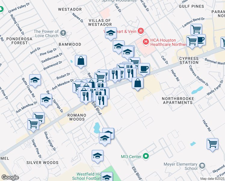 map of restaurants, bars, coffee shops, grocery stores, and more near 923-1055 Farm to Market 1960 West Rd in Houston