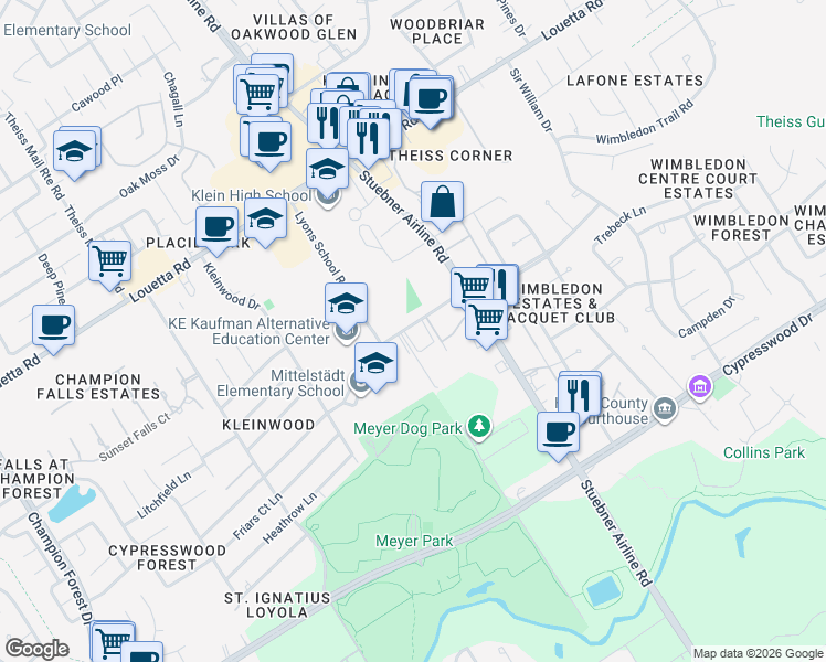 map of restaurants, bars, coffee shops, grocery stores, and more near 807 Lyons School Loop in Spring
