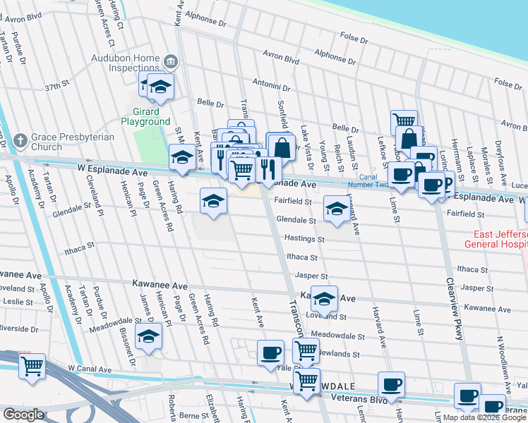 map of restaurants, bars, coffee shops, grocery stores, and more near 4120 Transcontinental Drive in Metairie