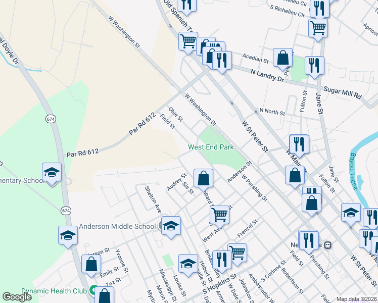map of restaurants, bars, coffee shops, grocery stores, and more near 276 Gilbert Drive in New Iberia