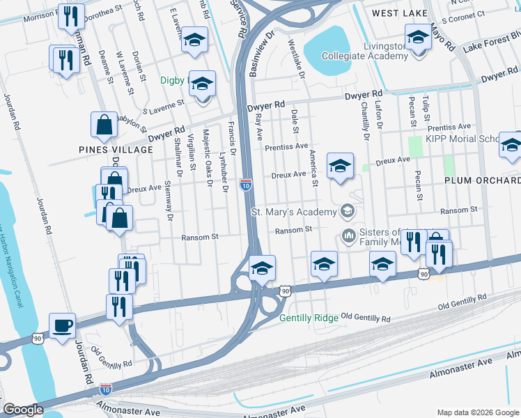 map of restaurants, bars, coffee shops, grocery stores, and more near 4543 Francis Drive in New Orleans