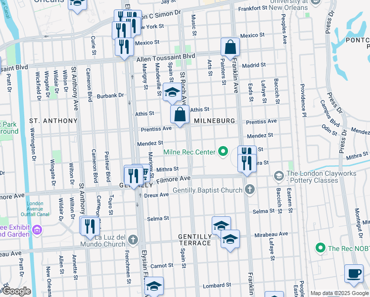 map of restaurants, bars, coffee shops, grocery stores, and more near 5505 Saint Roch Avenue in New Orleans