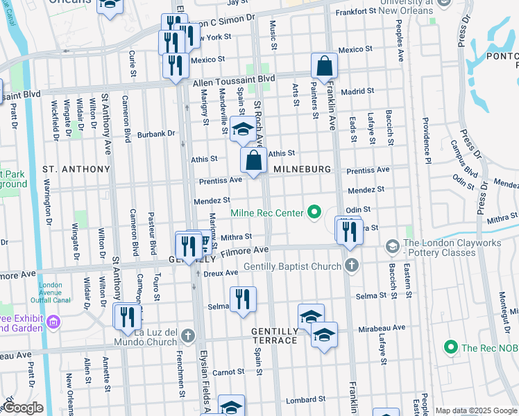 map of restaurants, bars, coffee shops, grocery stores, and more near 2335 Odin Street in New Orleans