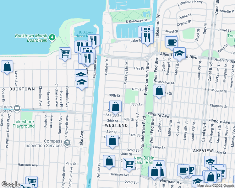 map of restaurants, bars, coffee shops, grocery stores, and more near 306 39th Street in New Orleans