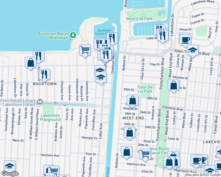 map of restaurants, bars, coffee shops, grocery stores, and more near 1541 Lake Avenue in Metairie