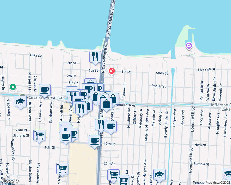 map of restaurants, bars, coffee shops, grocery stores, and more near 3629 Ridgelake Drive in Metairie