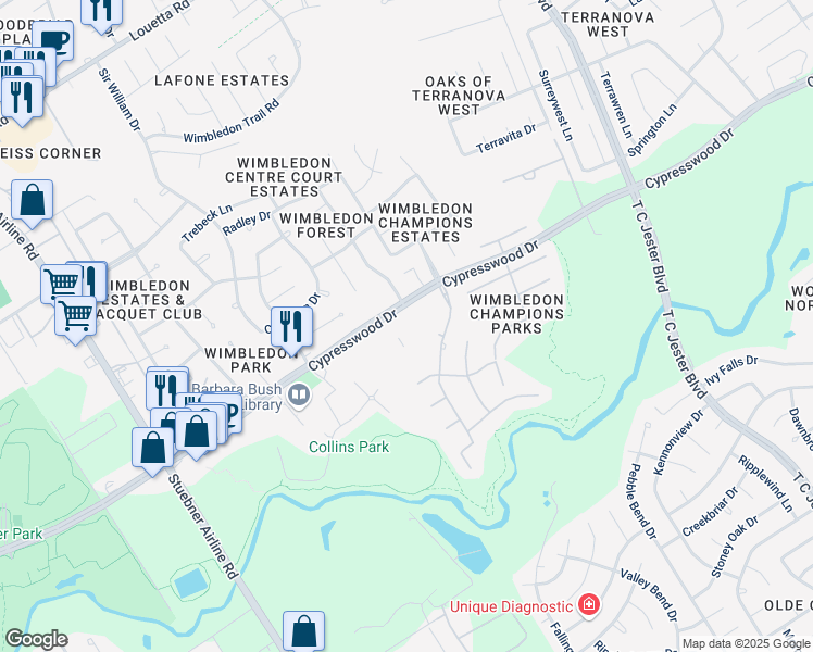 map of restaurants, bars, coffee shops, grocery stores, and more near 6319 Cypresswood Drive in Spring