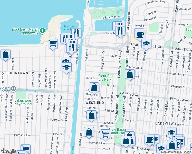 map of restaurants, bars, coffee shops, grocery stores, and more near 306 39th Street in New Orleans