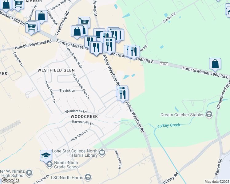 map of restaurants, bars, coffee shops, grocery stores, and more near 3138 Dogwood Springs Drive in Houston