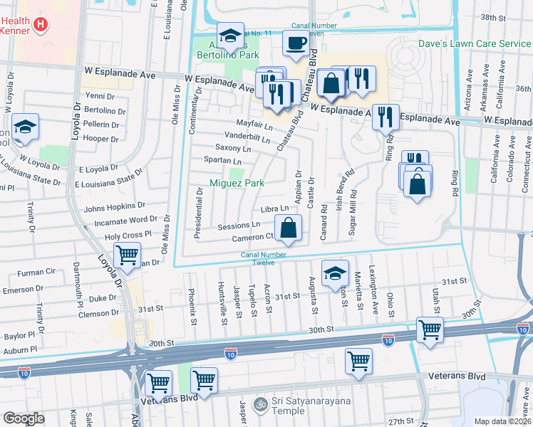 map of restaurants, bars, coffee shops, grocery stores, and more near 824 Sessions Lane in Kenner