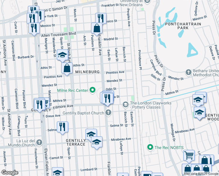 map of restaurants, bars, coffee shops, grocery stores, and more near 5500 Eads Street in New Orleans