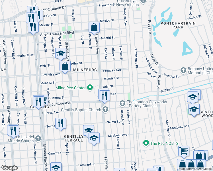 map of restaurants, bars, coffee shops, grocery stores, and more near 5500 Eads Street in New Orleans