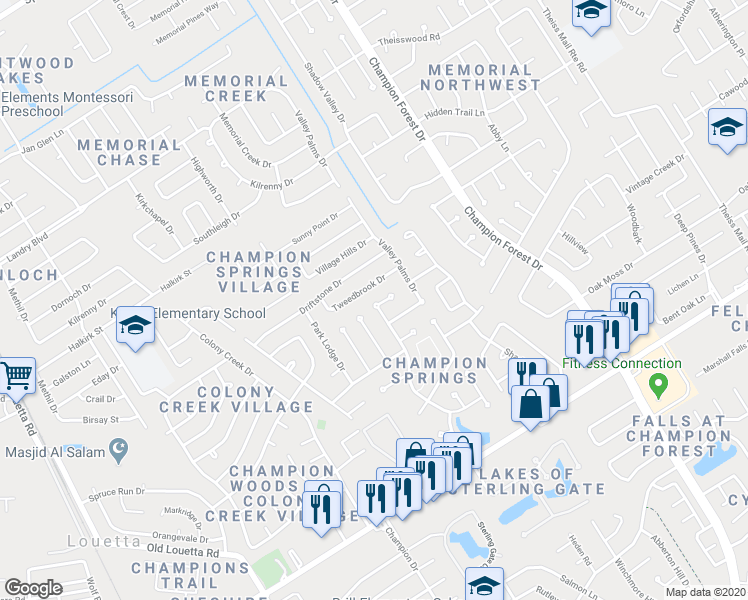 map of restaurants, bars, coffee shops, grocery stores, and more near 8726 Cedar Trace Drive in Spring