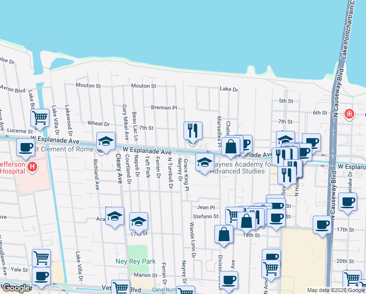 map of restaurants, bars, coffee shops, grocery stores, and more near 4500 Carthage Street in Metairie