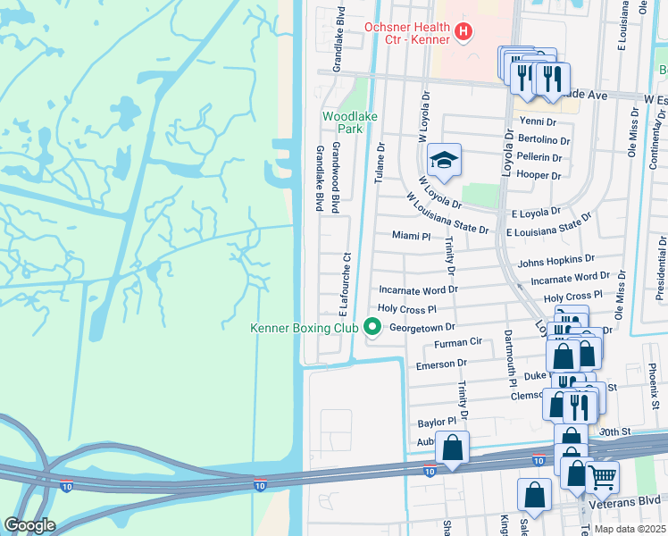 map of restaurants, bars, coffee shops, grocery stores, and more near 3234 East Lafourche Court in Kenner