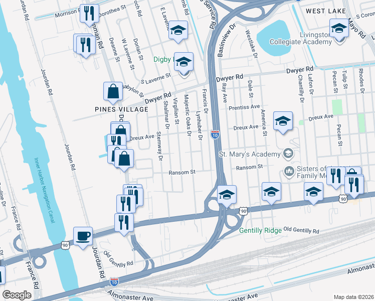 map of restaurants, bars, coffee shops, grocery stores, and more near 4649 Virgilian Street in New Orleans