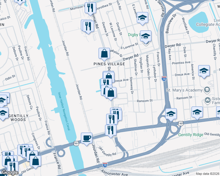 map of restaurants, bars, coffee shops, grocery stores, and more near 5903 Denny Street in New Orleans