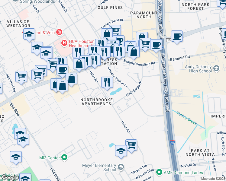 map of restaurants, bars, coffee shops, grocery stores, and more near 555 Butterfield Road in Houston