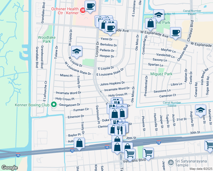 map of restaurants, bars, coffee shops, grocery stores, and more near 406 Incarnate Word Drive in Kenner