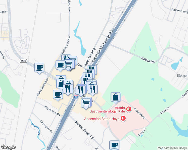 map of restaurants, bars, coffee shops, grocery stores, and more near 20301 Interstate 35 in Kyle