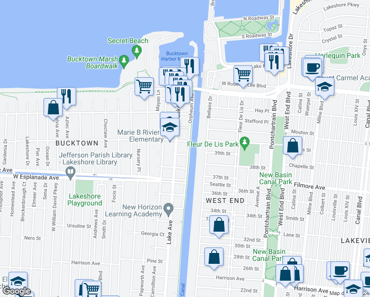 map of restaurants, bars, coffee shops, grocery stores, and more near 1554 Orpheum Avenue in Metairie