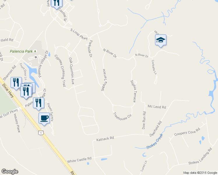 map of restaurants, bars, coffee shops, grocery stores, and more near 266 Sophia Terrace in St. Augustine