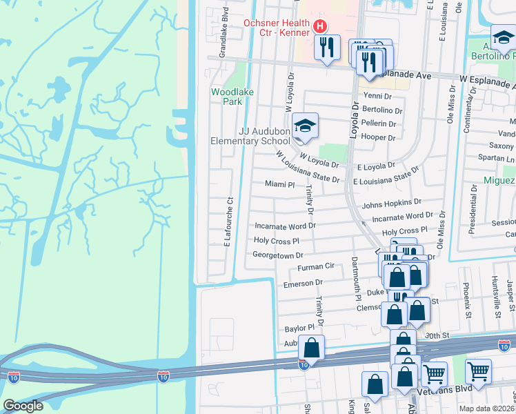 map of restaurants, bars, coffee shops, grocery stores, and more near 5 Johns Hopkins Drive in Kenner