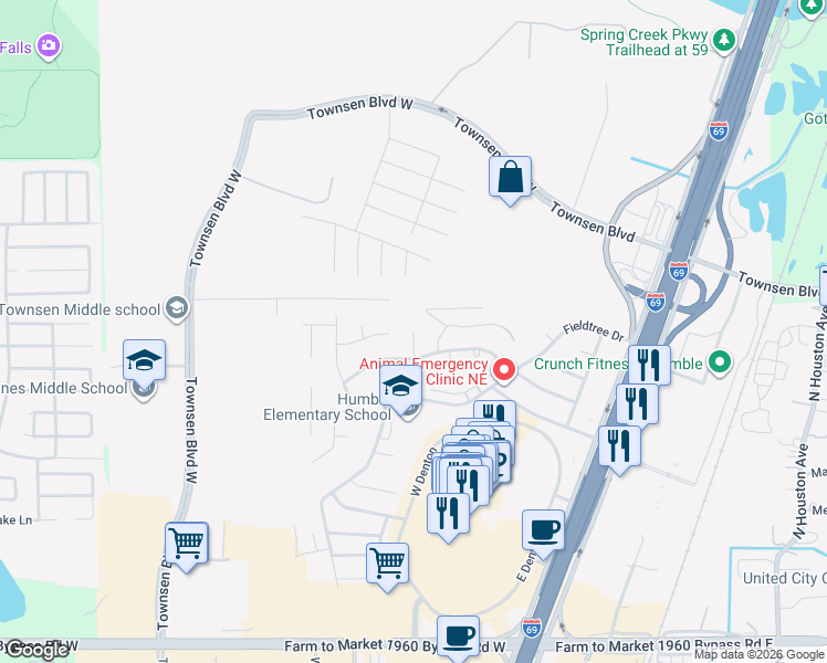 map of restaurants, bars, coffee shops, grocery stores, and more near 20598 Keats Court in Humble