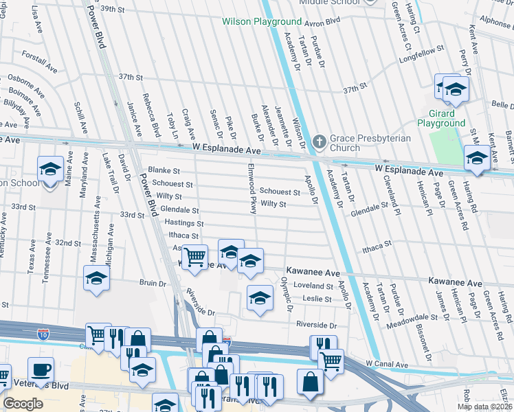 map of restaurants, bars, coffee shops, grocery stores, and more near 6516 Wilty Street in Metairie