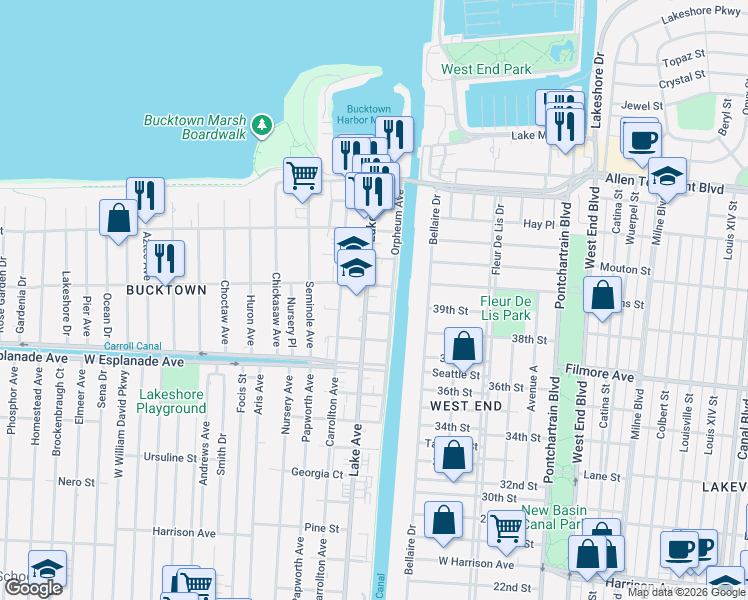 map of restaurants, bars, coffee shops, grocery stores, and more near 1555 Lake Avenue in Metairie