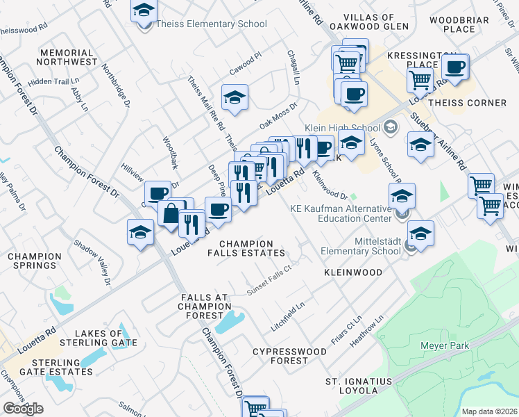 map of restaurants, bars, coffee shops, grocery stores, and more near 7805 Louetta Road in Spring