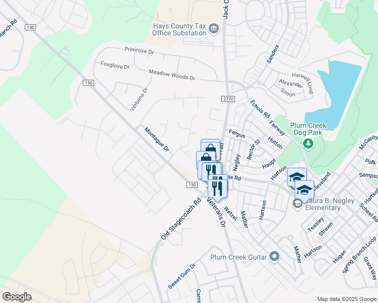 map of restaurants, bars, coffee shops, grocery stores, and more near 300 Rocking M Road in Kyle
