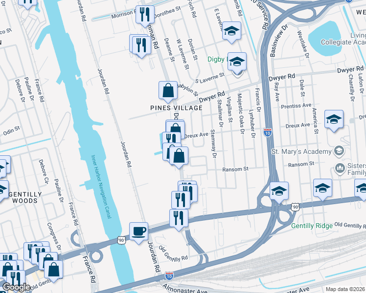 map of restaurants, bars, coffee shops, grocery stores, and more near 5903 Denny Street in New Orleans