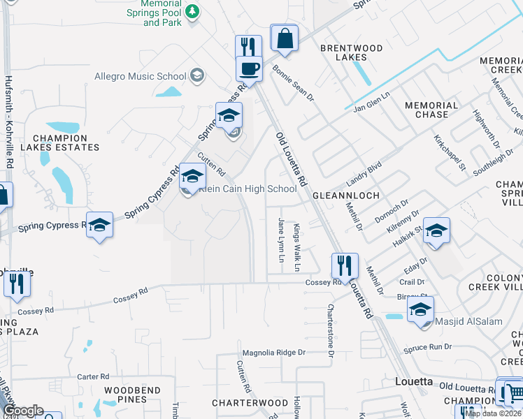 map of restaurants, bars, coffee shops, grocery stores, and more near 17126 Camberwell Green Lane in Houston