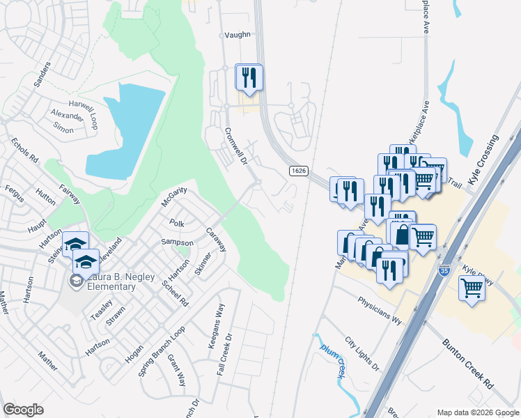 map of restaurants, bars, coffee shops, grocery stores, and more near 5020 Cromwell Drive in Kyle