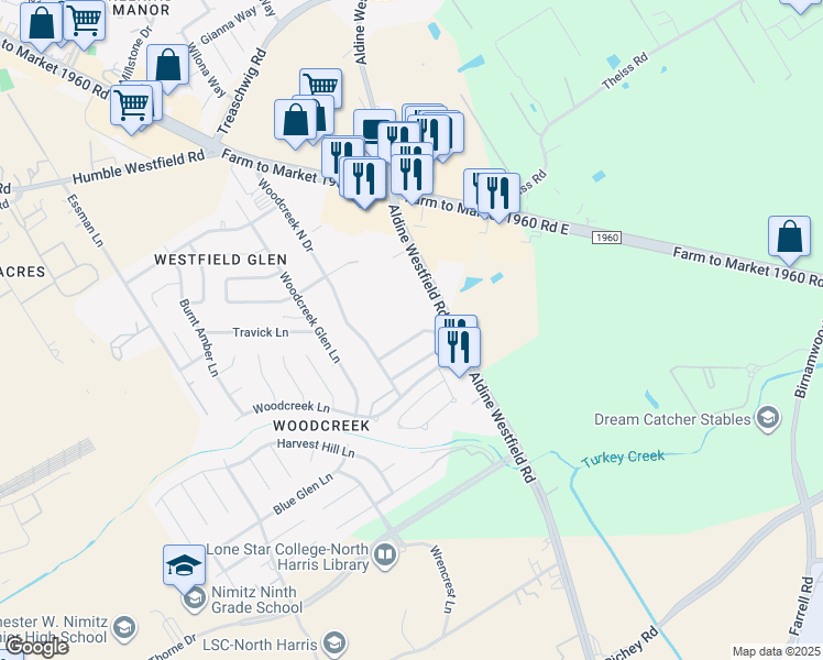 map of restaurants, bars, coffee shops, grocery stores, and more near 3139 Dogwood Springs Drive in Houston