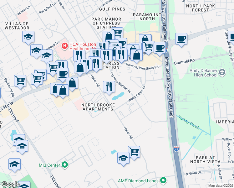 map of restaurants, bars, coffee shops, grocery stores, and more near 555 Butterfield Road in Houston