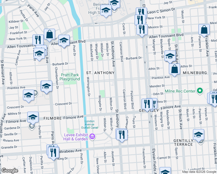 map of restaurants, bars, coffee shops, grocery stores, and more near 5509 Wilton Drive in New Orleans