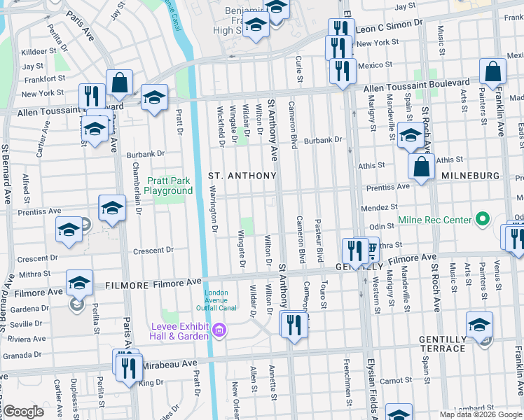 map of restaurants, bars, coffee shops, grocery stores, and more near 5509 Wilton Drive in New Orleans