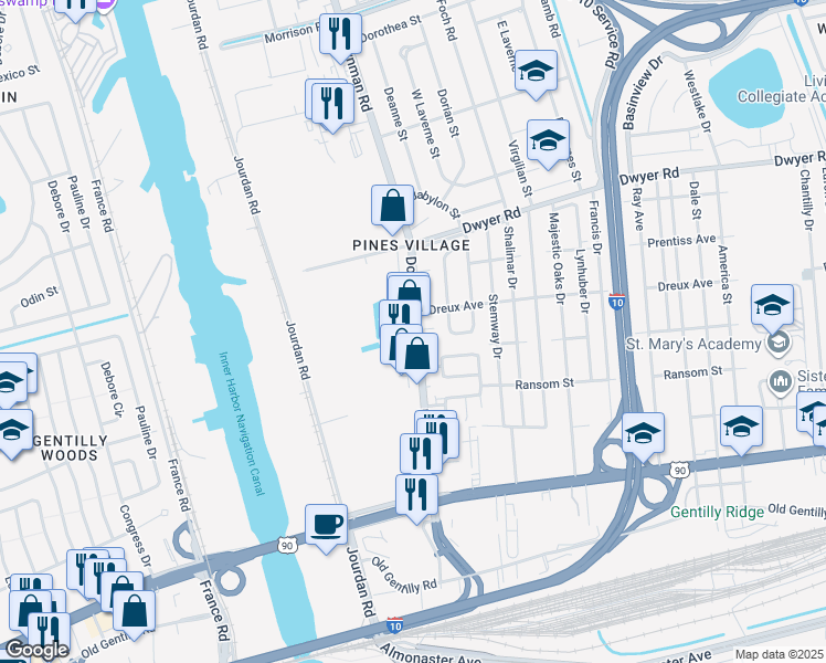 map of restaurants, bars, coffee shops, grocery stores, and more near 5903 Denny Street in New Orleans