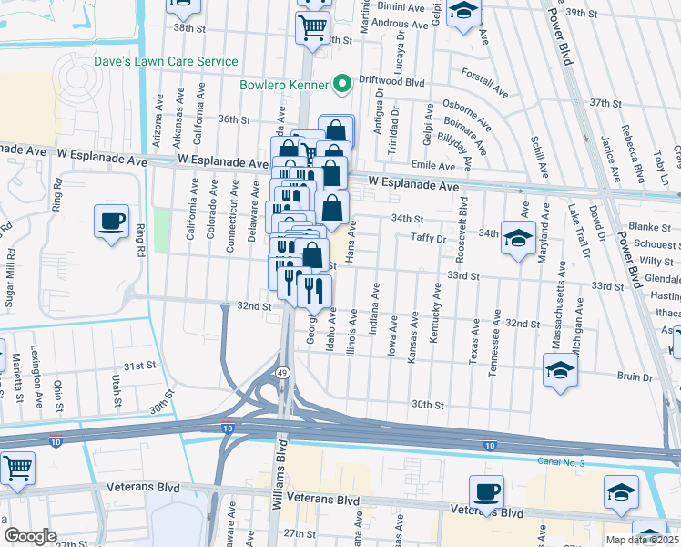 map of restaurants, bars, coffee shops, grocery stores, and more near 3229 Illinois Avenue in Kenner