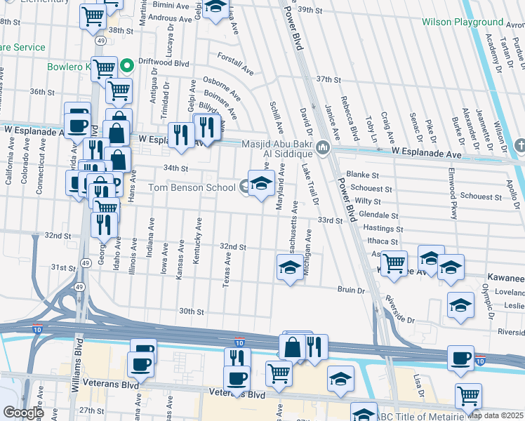 map of restaurants, bars, coffee shops, grocery stores, and more near 3315 Maine Avenue in Kenner