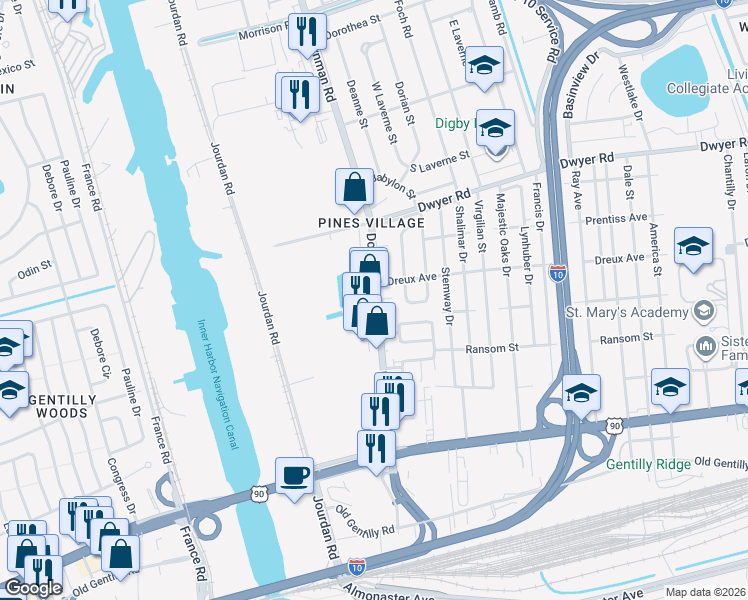 map of restaurants, bars, coffee shops, grocery stores, and more near 5903 Denny Street in New Orleans