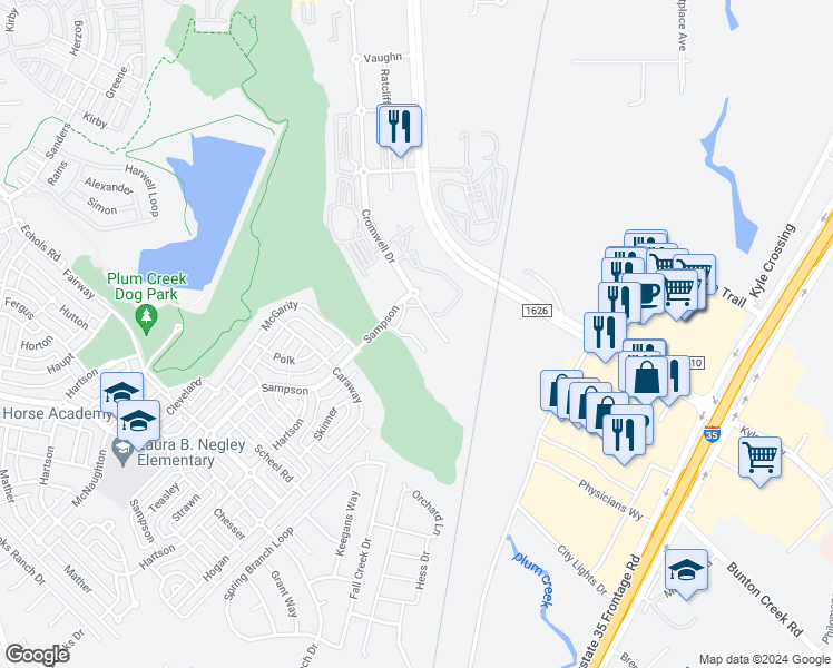 map of restaurants, bars, coffee shops, grocery stores, and more near 5020 Cromwell Drive in Kyle