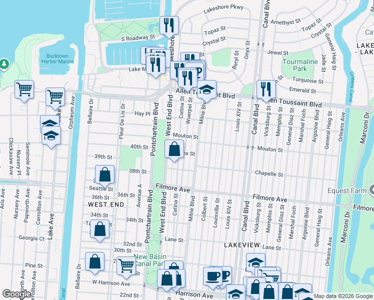 map of restaurants, bars, coffee shops, grocery stores, and more near 6817 Catina Street in New Orleans